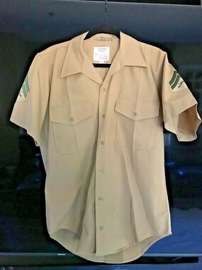 Vintage Creighton USMC Khaki Uniform Shirt M 15-15.5 Short Sleeve Made In USA